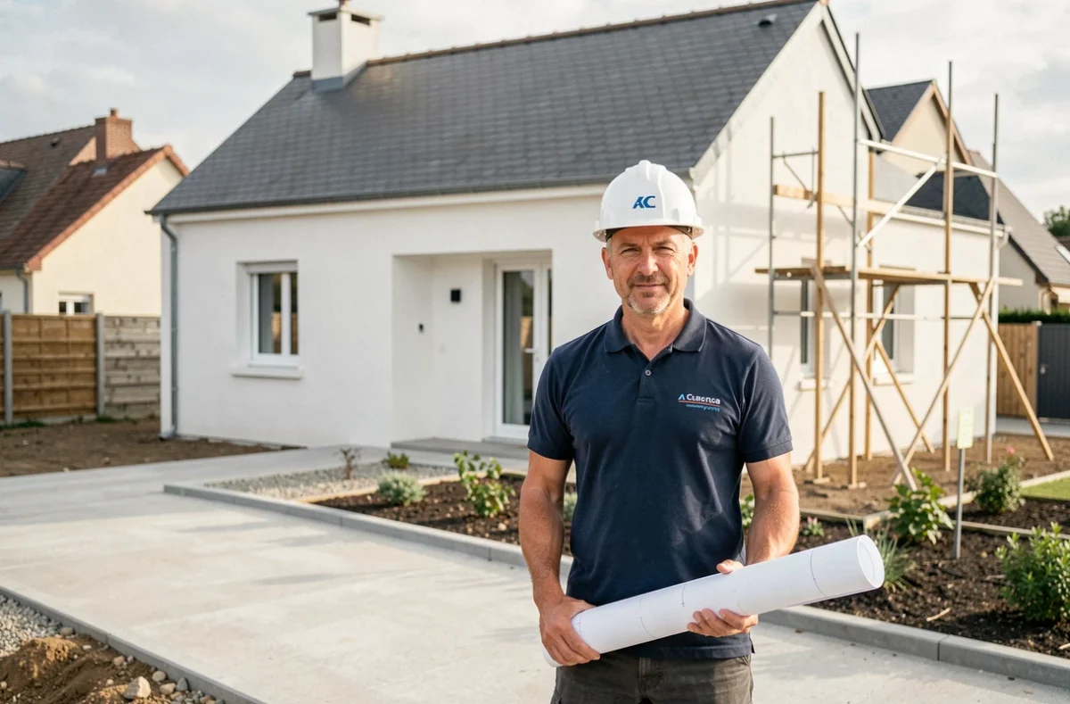 Maisons CPR : professionnel de la construction devant une maison individuelle neuve aux murs enduits blancs en Eure-et-Loir