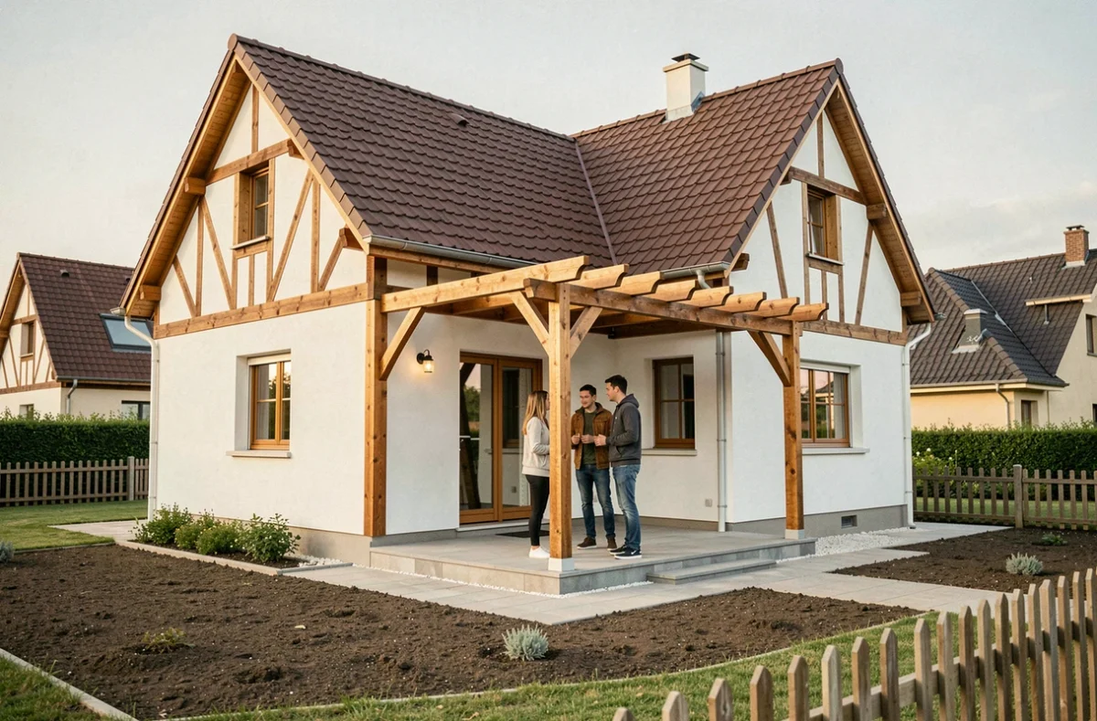 Maisons Ericlor : famille sur la terrasse d'une maison individuelle à colombages en Eure-et-Loir