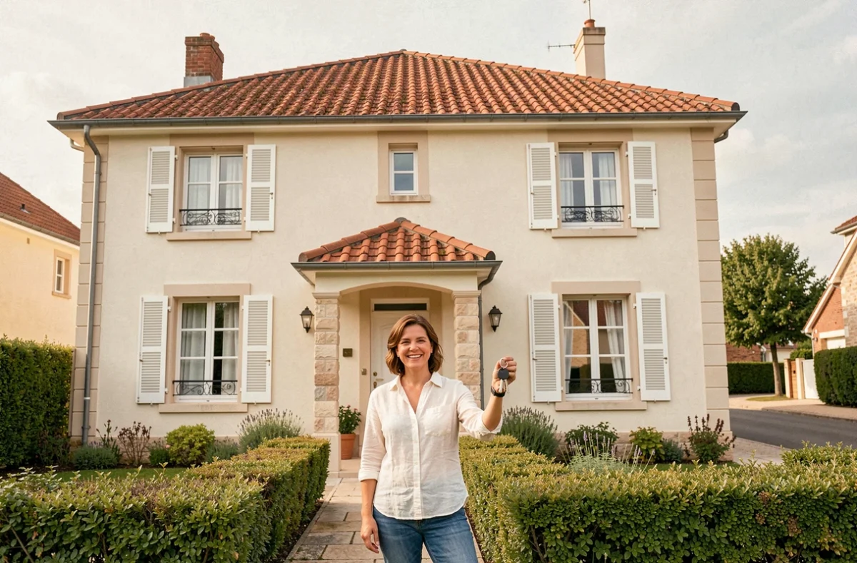 Maisons Pierre : propriétaire tenant ses clés devant une maison individuelle classique aux volets blancs en Eure-et-Loir