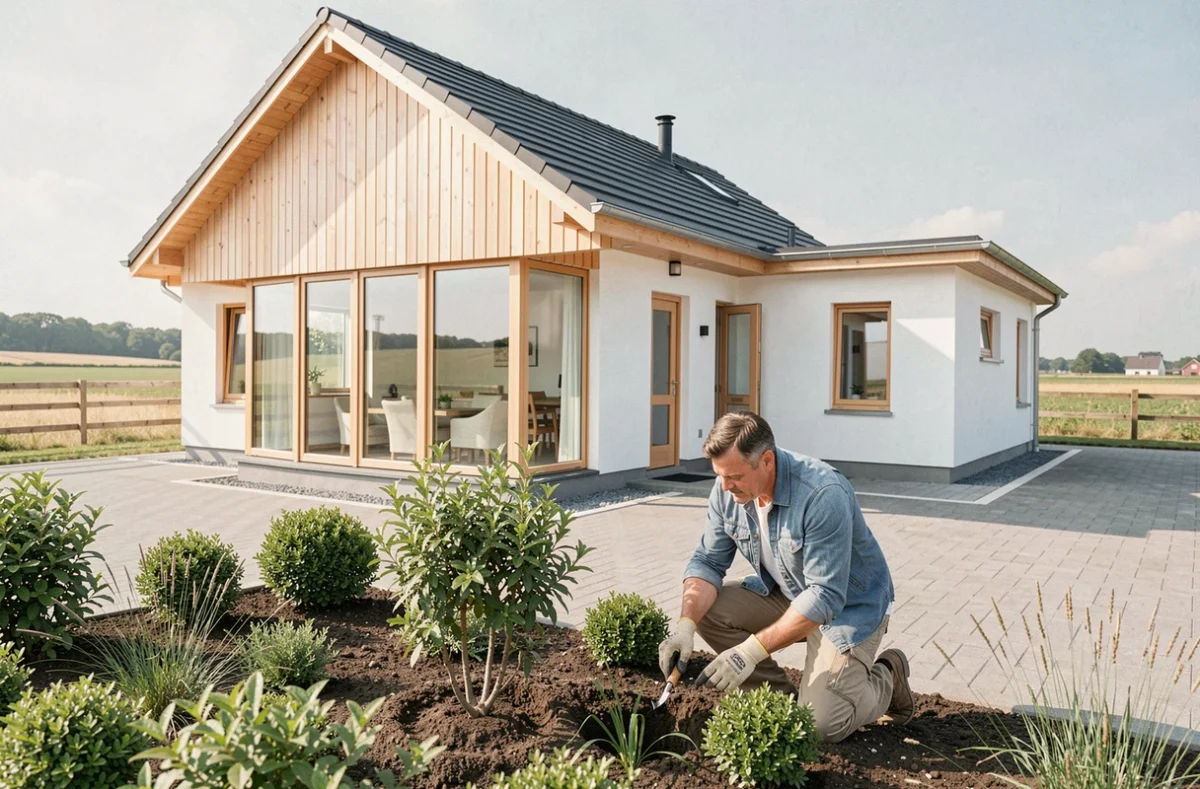 Maisons Sesame : propriétaire aménageant le jardin devant une maison individuelle moderne en bois et enduit en Eure-et-Loir