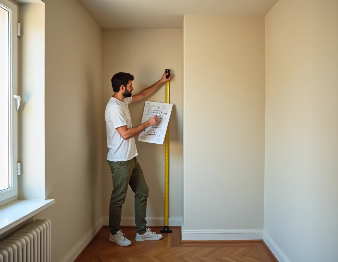 Jeune homme mesurant l'espace mural d'un petit studio vide avec parquet en chevrons pour planifier l'aménagement intérieur