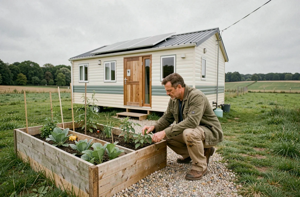 Homme entretenant un potager devant son mobil-home en zone rurale avec panneau solaire visible sur le toit pour une vie autonome