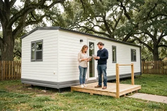 Couple debout devant un mobil-home moderne installé sur un terrain privé arboré, examinant des documents administratifs