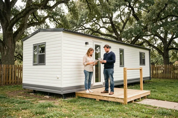 Couple debout devant un mobil-home moderne installé sur un terrain privé arboré, examinant des documents administratifs