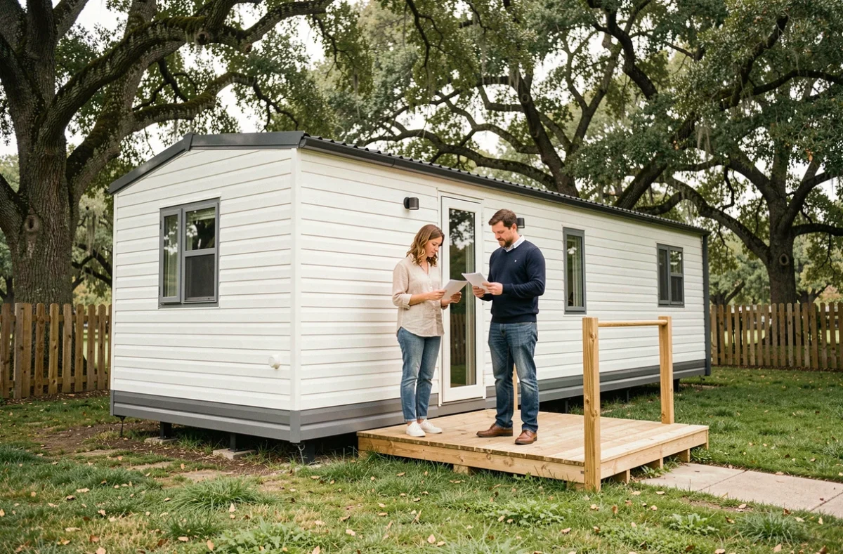 Couple debout devant un mobil-home moderne installé sur un terrain privé arboré, examinant des documents administratifs