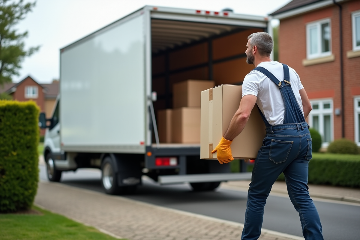 Agent de déménagement soulevant une grande boîte devant un camion blanc