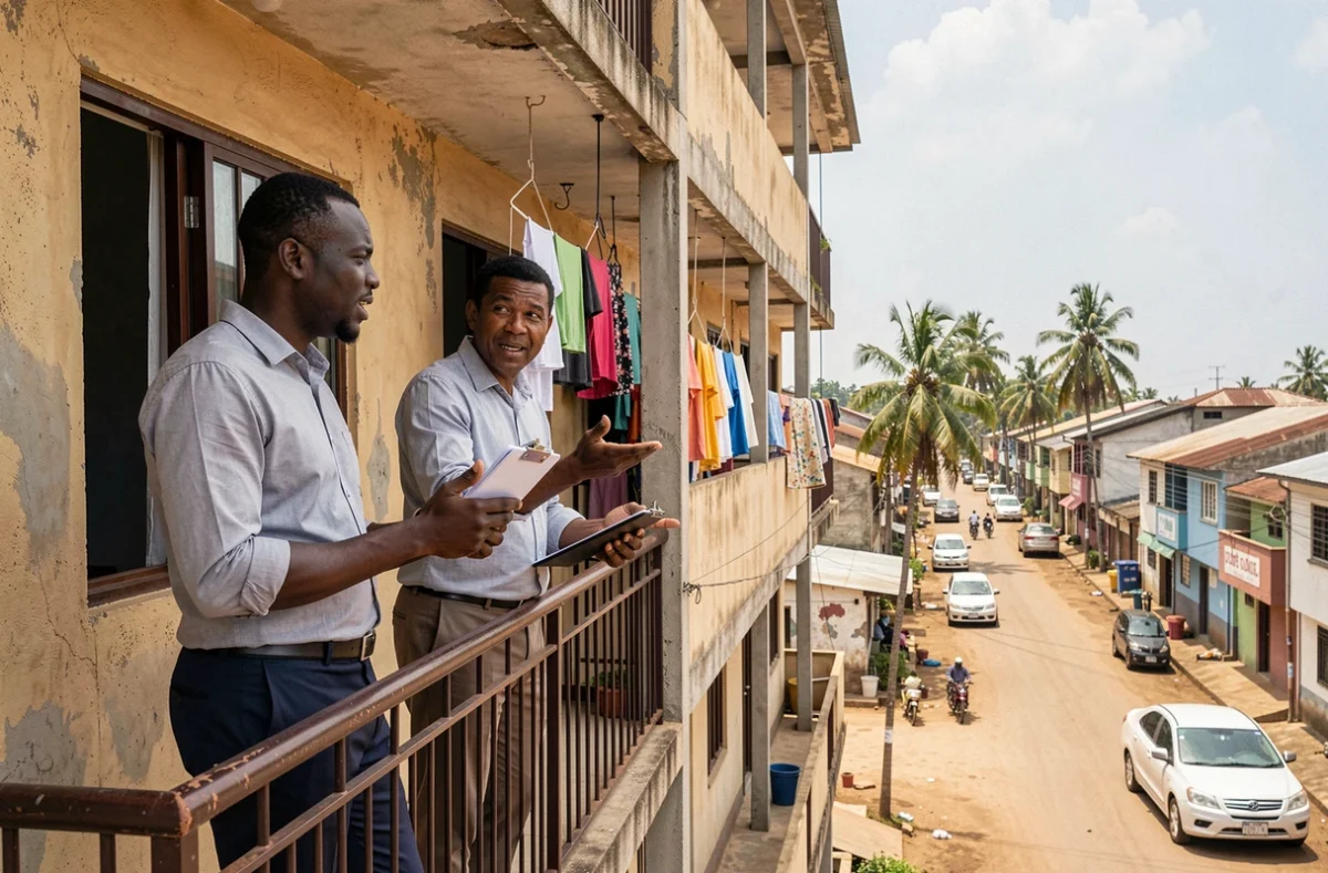 Homme discutant avec un agent immobilier sur le balcon d'un appartement abordable à Abidjan