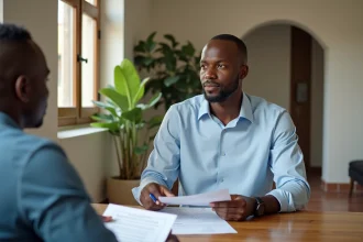 Homme sénégalais en chemise bleue négociant le loyer d'un appartement à Dakar avec un propriétaire tenant des documents de bail sur une table en bois