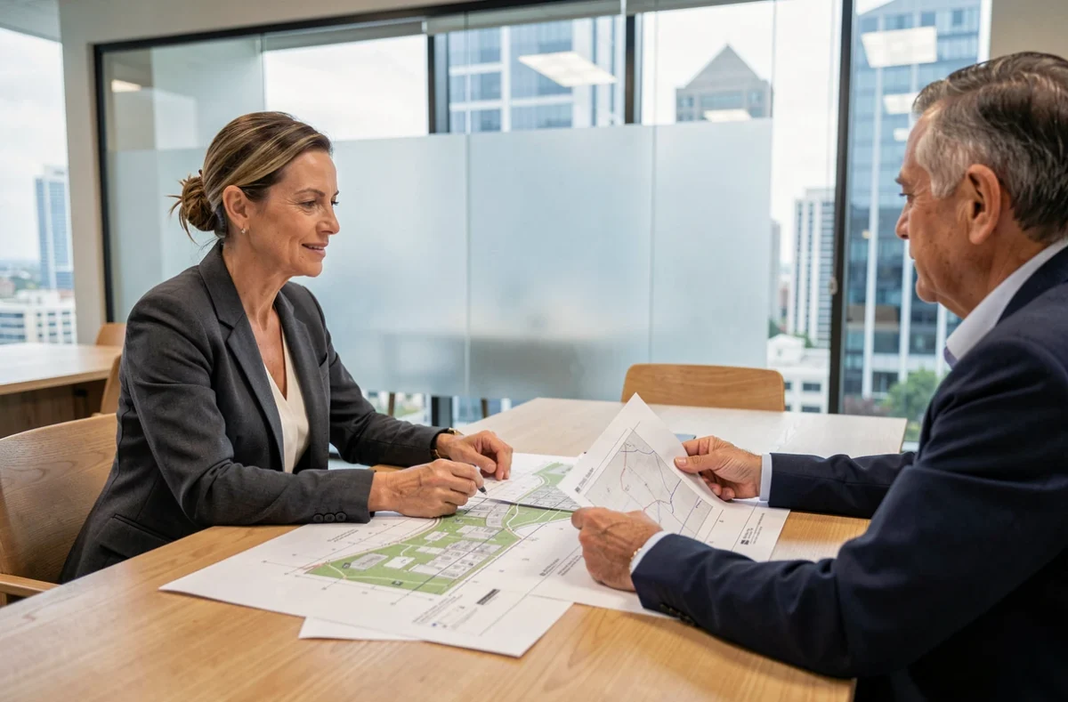 Réunion de négociation entre un propriétaire et un promoteur immobilier autour de documents cadastraux et de plans d'urbanisme dans un bureau moderne