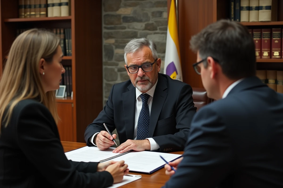 Notaire andorran expliquant les modalités de succession et de régime matrimonial à un couple lors de l'achat immobilier