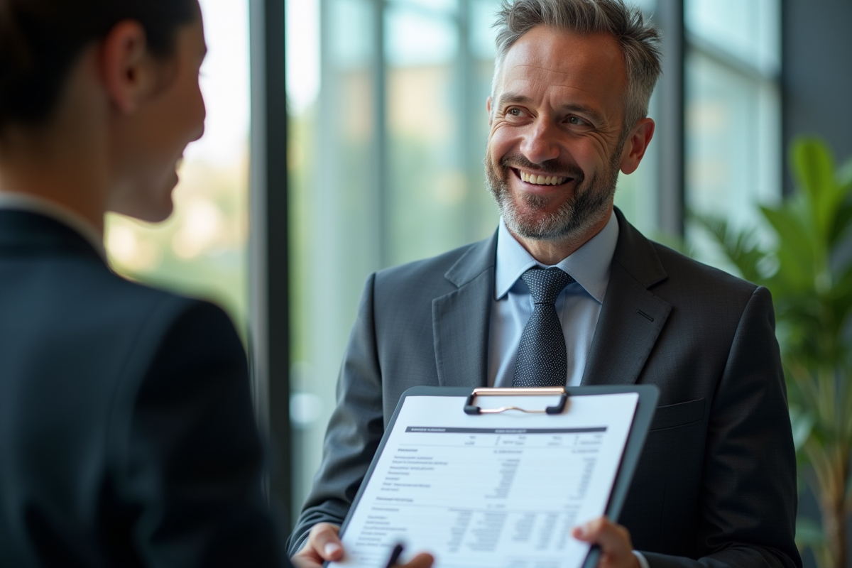 Notaire présentant un document financier à une jeune femme