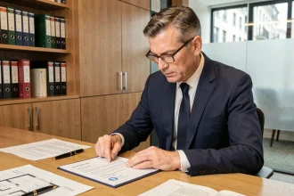 Notaire examinant un contrat immobilier avec plan de garage et documents légaux sur bureau en bois moderne