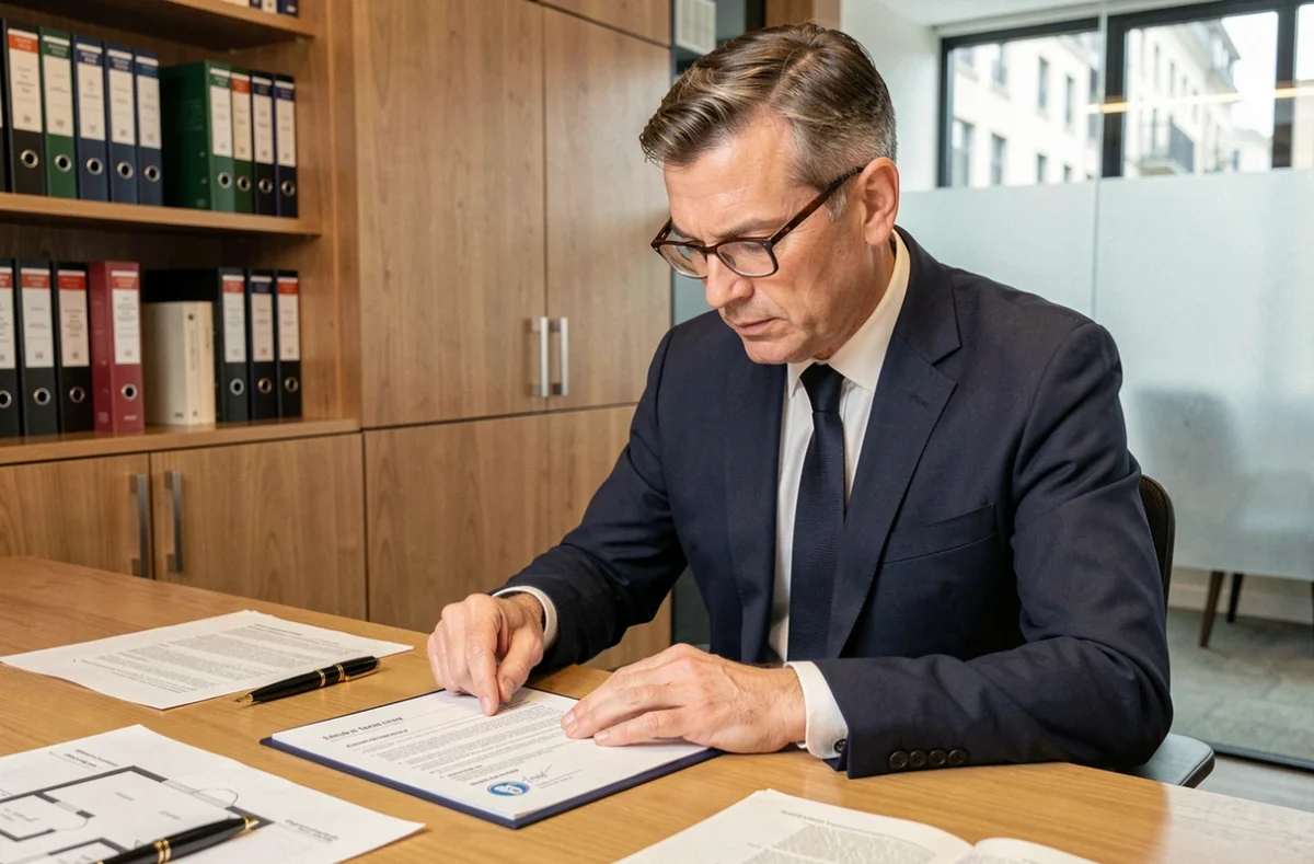 Notaire examinant un contrat immobilier avec plan de garage et documents légaux sur bureau en bois moderne