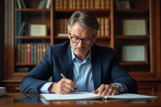 Notaire homme en blazer bleu examinant des documents importants