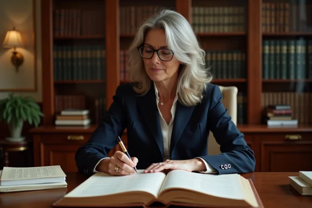 Notaire femme consultant un registre de copropriété dans un bureau officiel avec documents juridiques