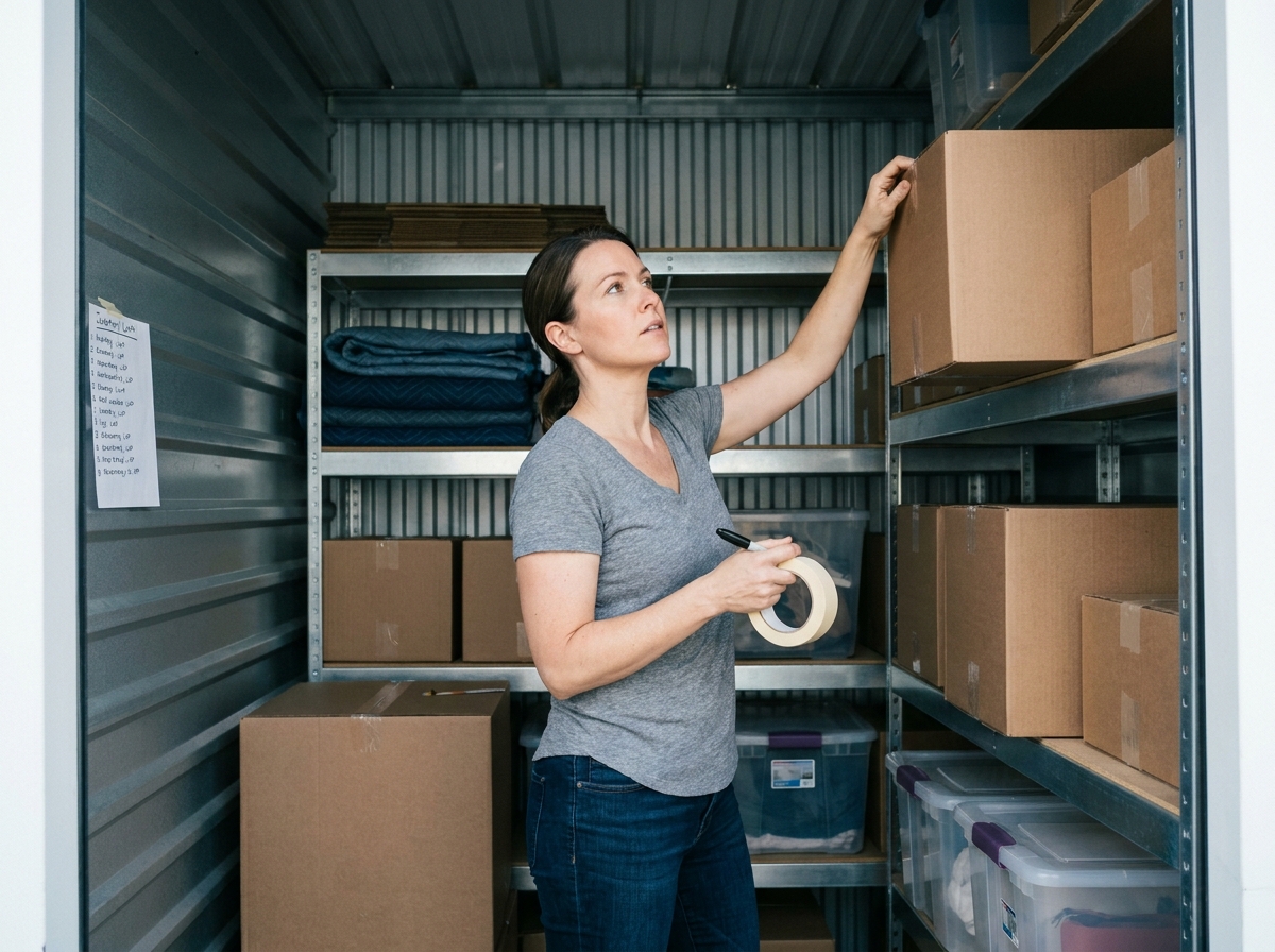 Femme organisant des cartons étiquetés sur des étagères métalliques dans un box de stockage