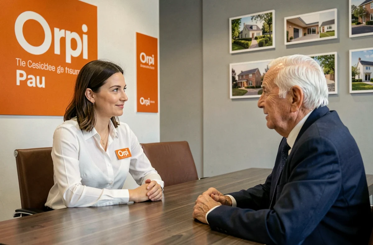 Conseillère Orpi Pau en réunion avec un propriétaire bailleur dans les bureaux de l'agence à Pau