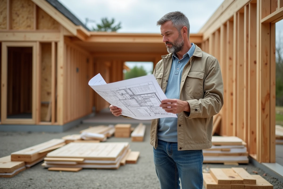 Homme d'âge moyen examinant des plans de construction en bois