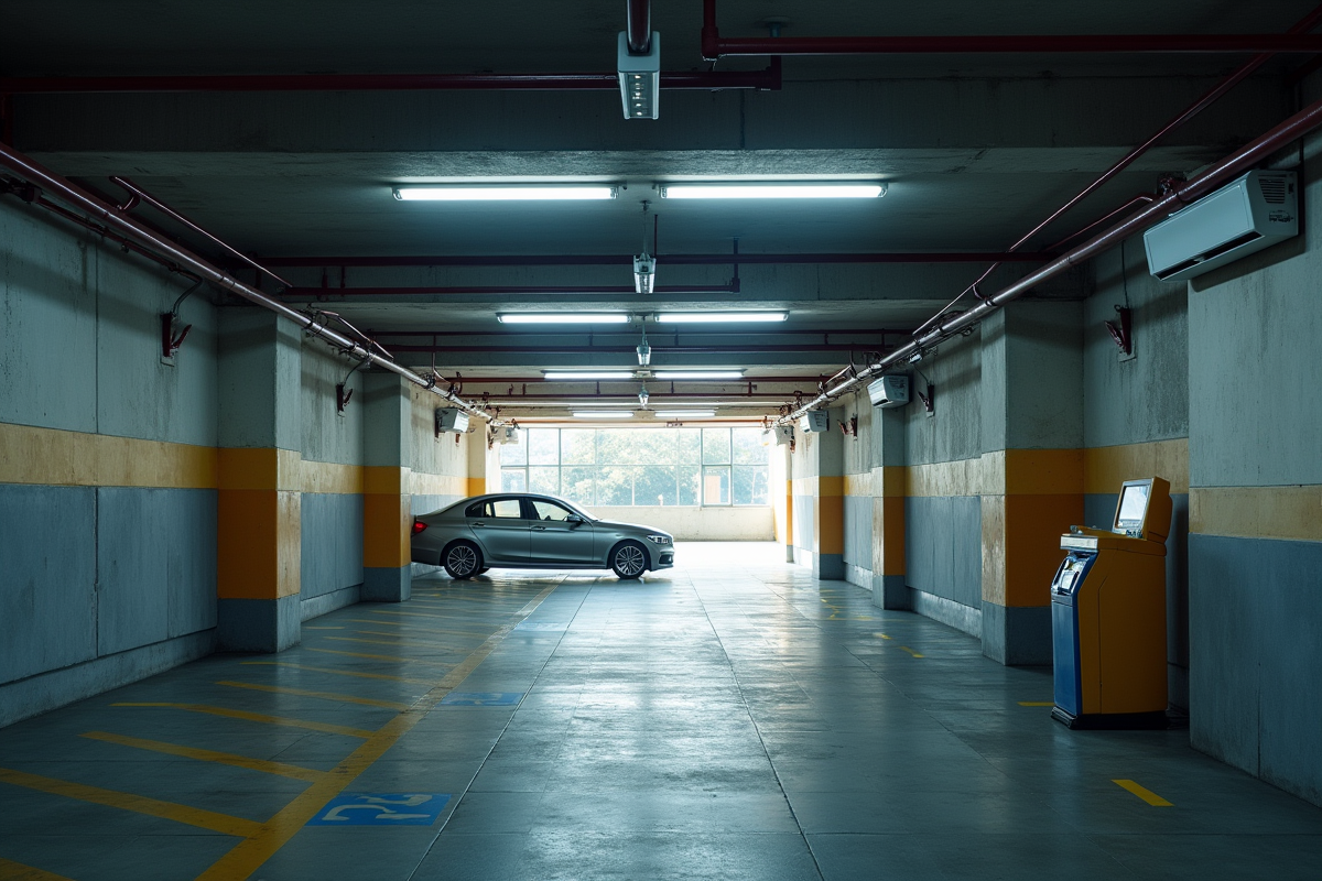 Entrée de parking souterrain avec places et machine de paiement