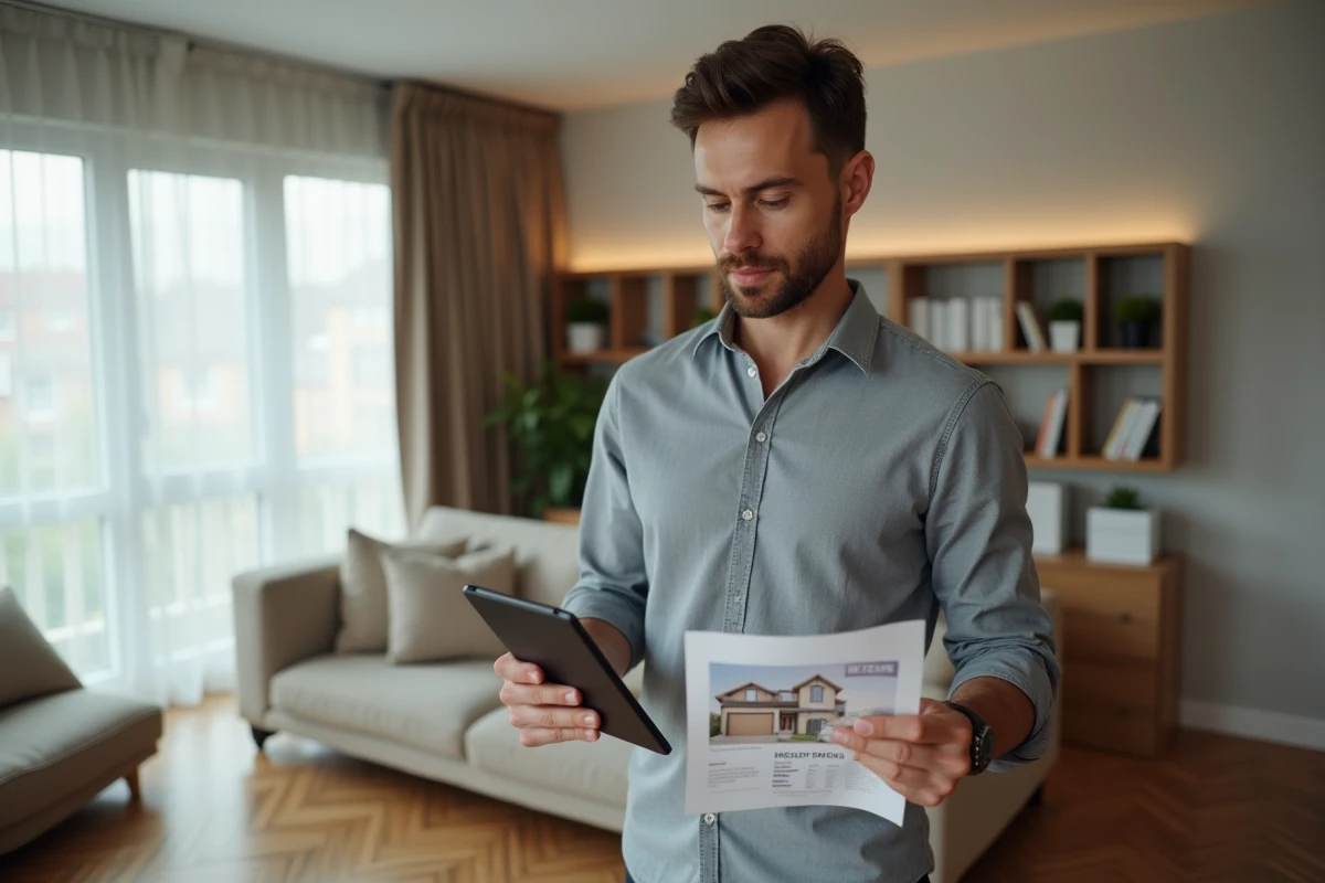 Particulier comparant une annonce immobilière papier avec un portail en ligne sur tablette dans un appartement