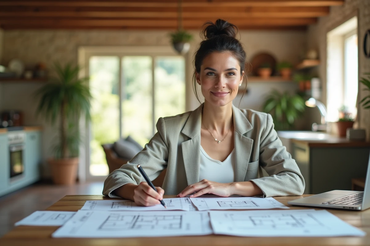 Femme analysant les documents de vente immobilière entre particuliers dans une cuisine de style provençal à Aix-en-Provence