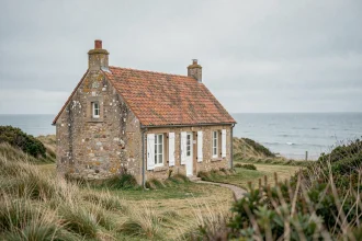 Petite maison en pierre normande avec vue mer sur une colline côtière en Normandie