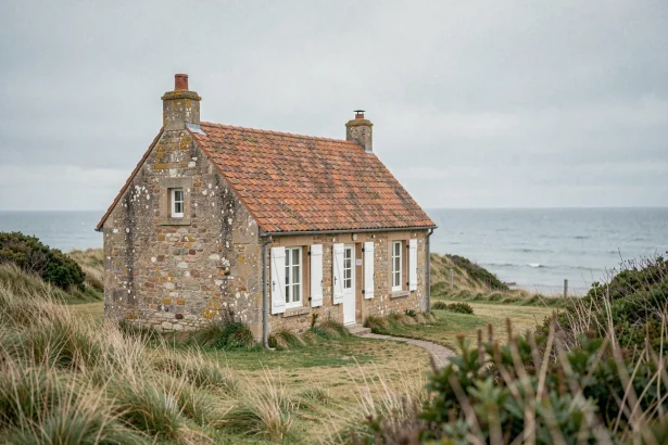 Petite maison en pierre normande avec vue mer sur une colline côtière en Normandie