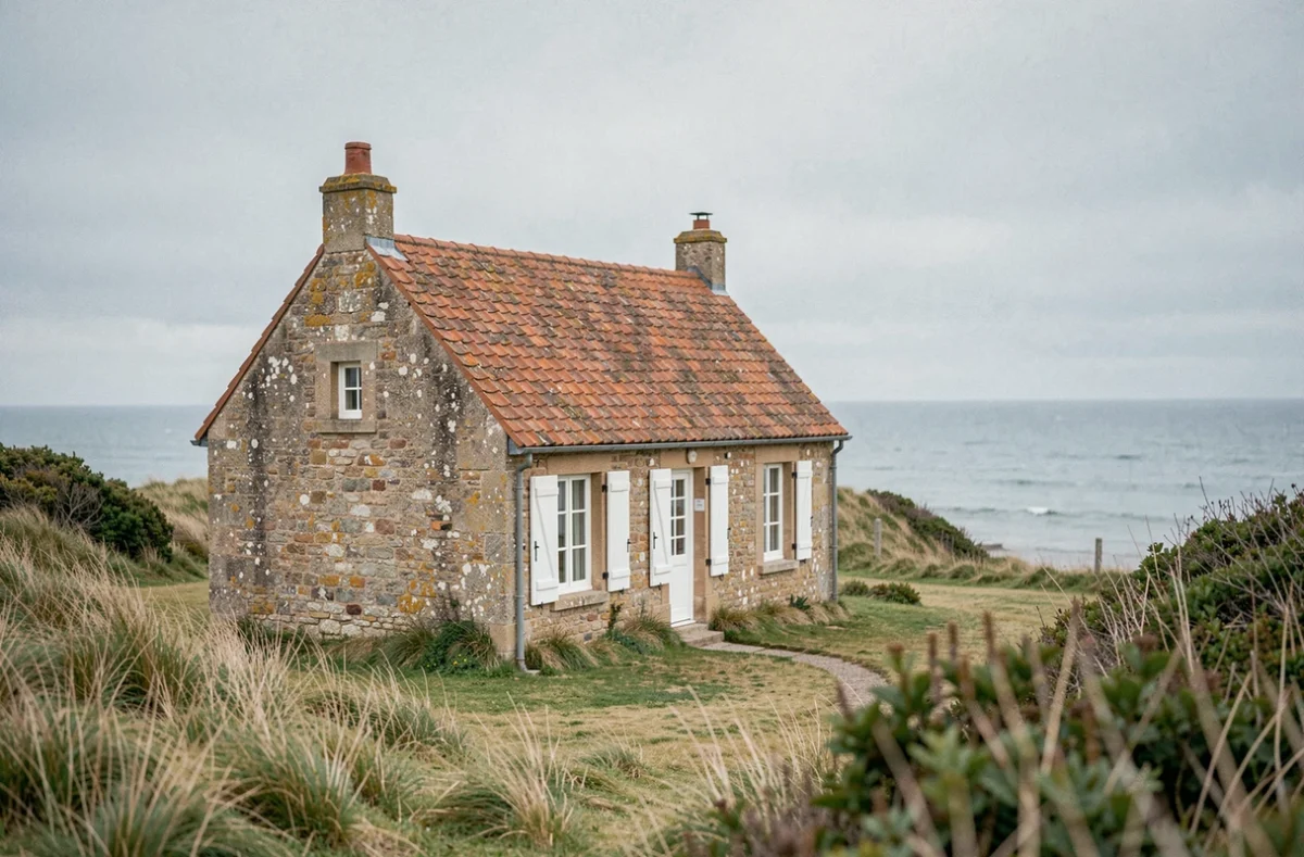Petite maison en pierre normande avec vue mer sur une colline côtière en Normandie