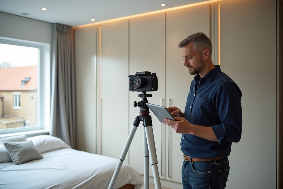 Photographe immobilier réalisant une visite virtuelle 360 degrés dans une chambre de maison témoin