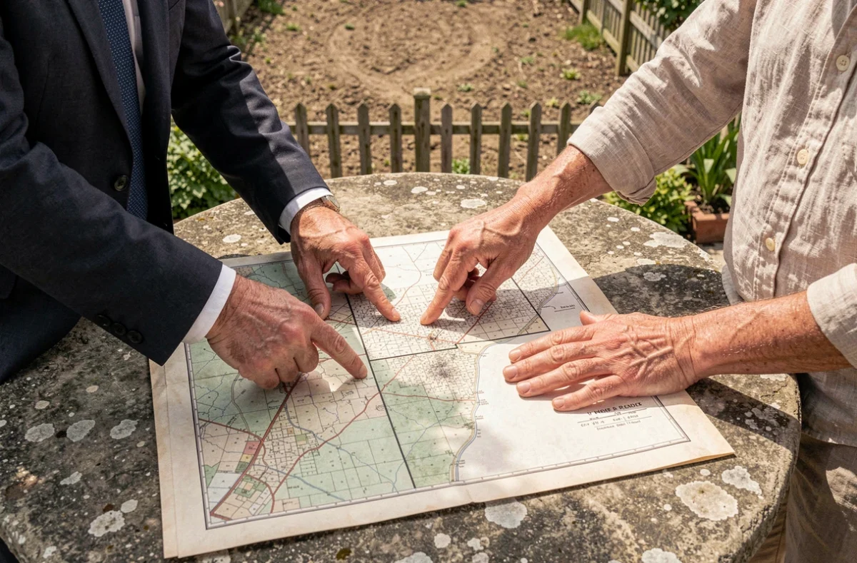 Notaire et propriétaire foncier examinant un plan cadastral d'un terrain à vendre, posé sur une table en pierre dans un jardin avec la parcelle en arrière-plan