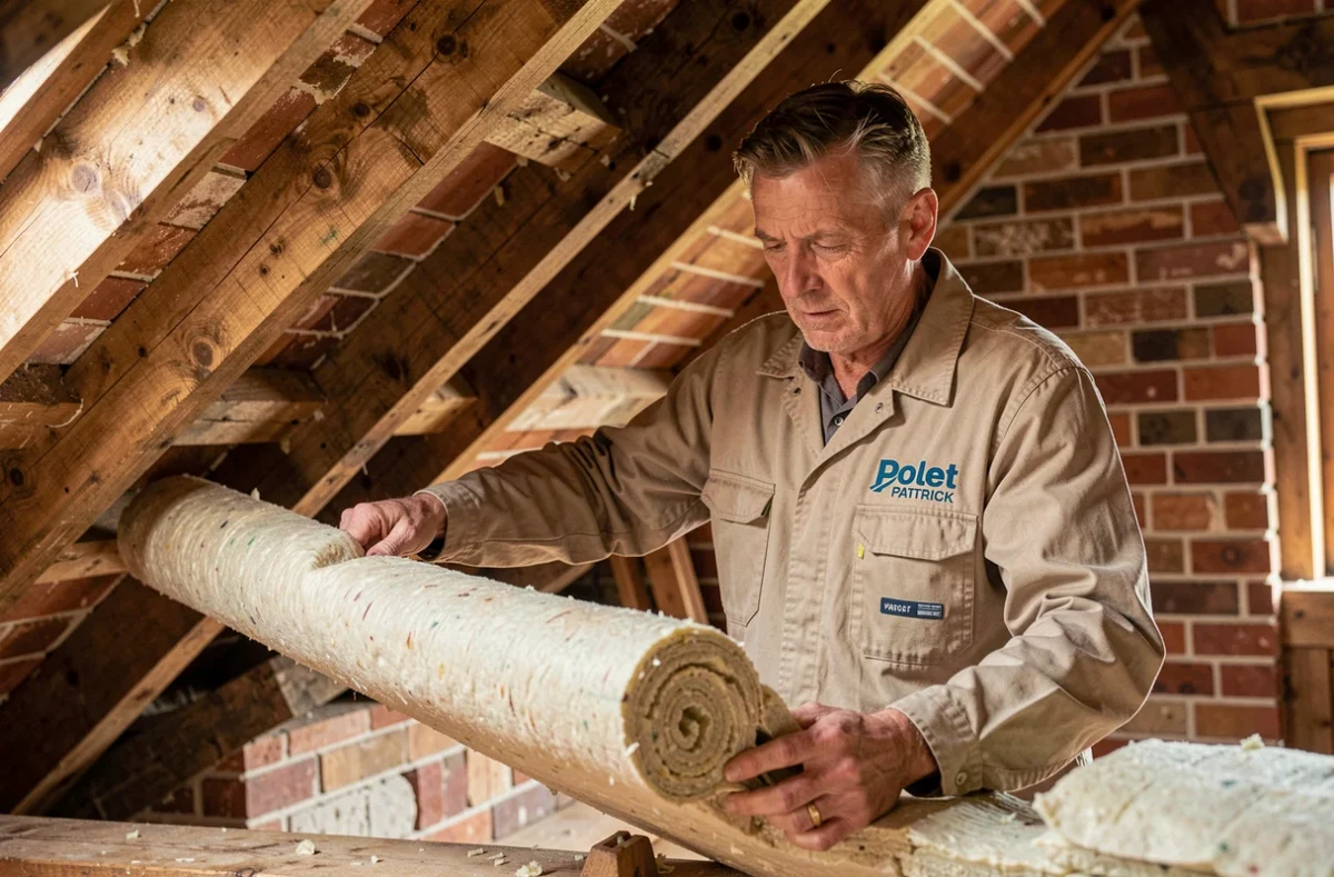 Artisan Polet Patrick posant des rouleaux d'isolation thermique dans les combles d'une maison normande