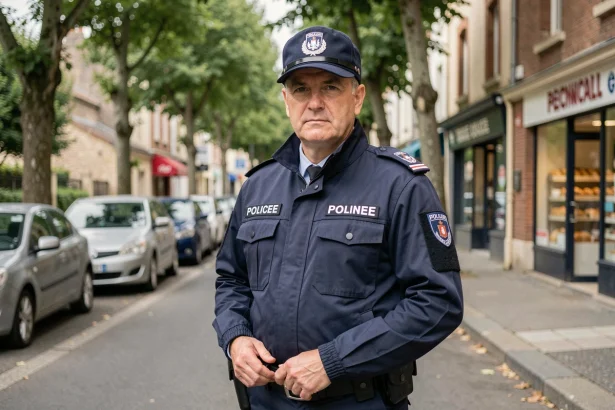 Agent de police municipale patrouillant dans une rue commerçante de Maisons-Alfort, ambiance urbaine calme et rassurante