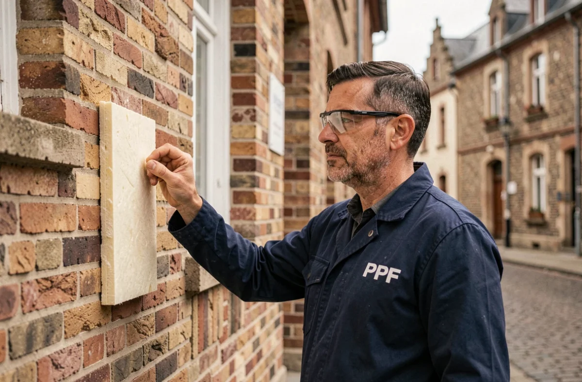 Technicien de PPF Rouen inspectant l'isolation thermique d'un bâtiment en briques à Rouen