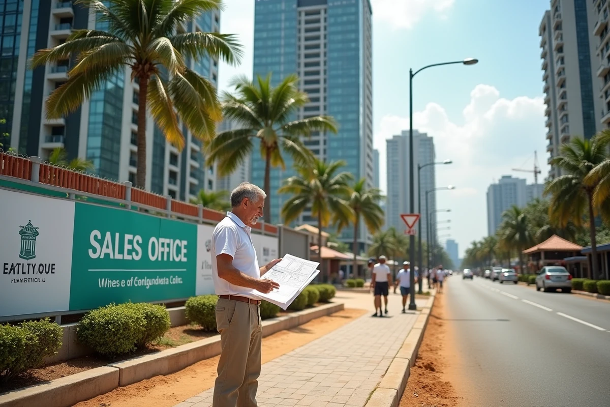 Acheteur européen consultant des plans devant un projet de condominium en construction à Pattaya en Thaïlande