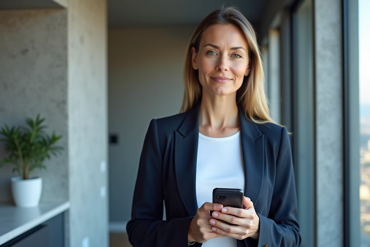 Femme propriétaire consultant l'application de gestion locative MyNexity sur son smartphone dans un appartement moderne