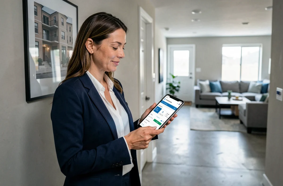 Propriétaire bailleresse consultant un comparateur d'assurance PNO sur tablette dans un appartement locatif moderne