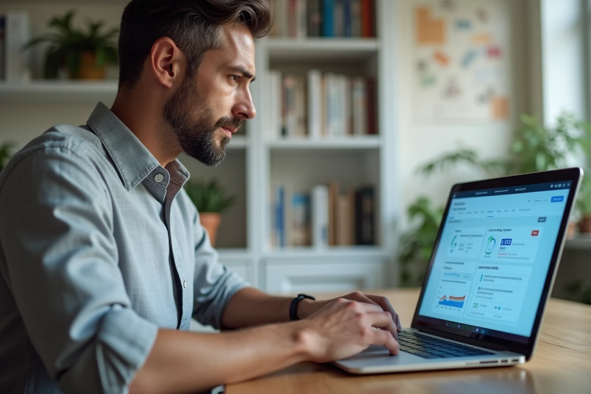Propriétaire bailleur gérant ses biens immobiliers à distance depuis un bureau à domicile via une plateforme en ligne