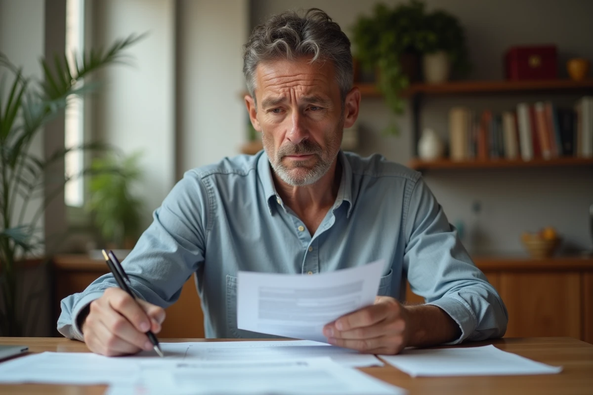 Propriétaire bailleur inquiet examinant des documents de loyers impayés à une table en bois