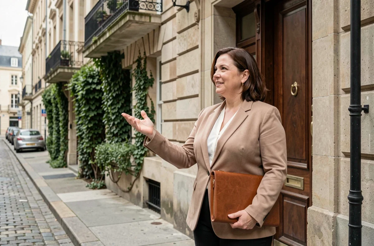 Propriétaire bailleuse devant un immeuble locatif discutant de la gestion de son bien immobilier