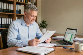 Propriétaire immobilier comparant des contrats d'assurance loyer impayé sur ordinateur portable et documents papier dans un bureau à domicile