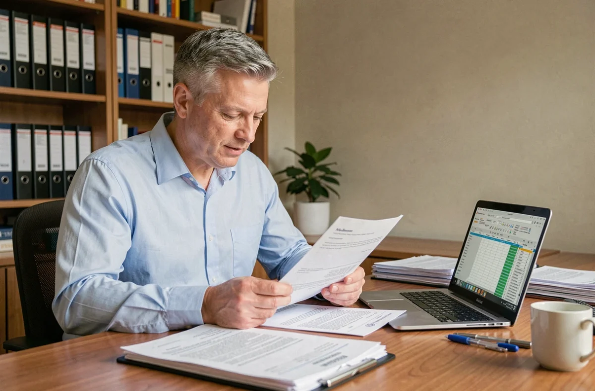 Propriétaire immobilier comparant des contrats d'assurance loyer impayé sur ordinateur portable et documents papier dans un bureau à domicile