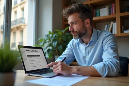 Propriétaire consultant une estimation de loyer en ligne sur son ordinateur portable dans un bureau à domicile à Lyon