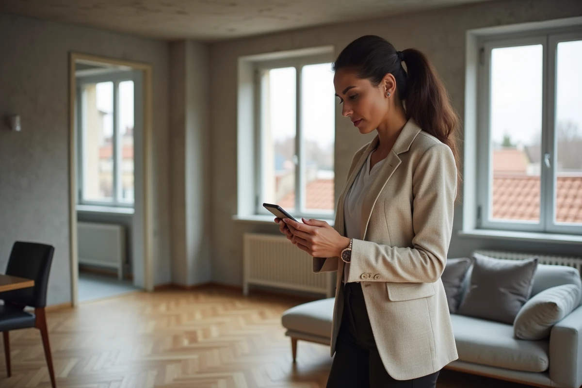 Femme propriétaire consultant une estimation de prix de loyer sur smartphone dans un appartement moderne à Lyon