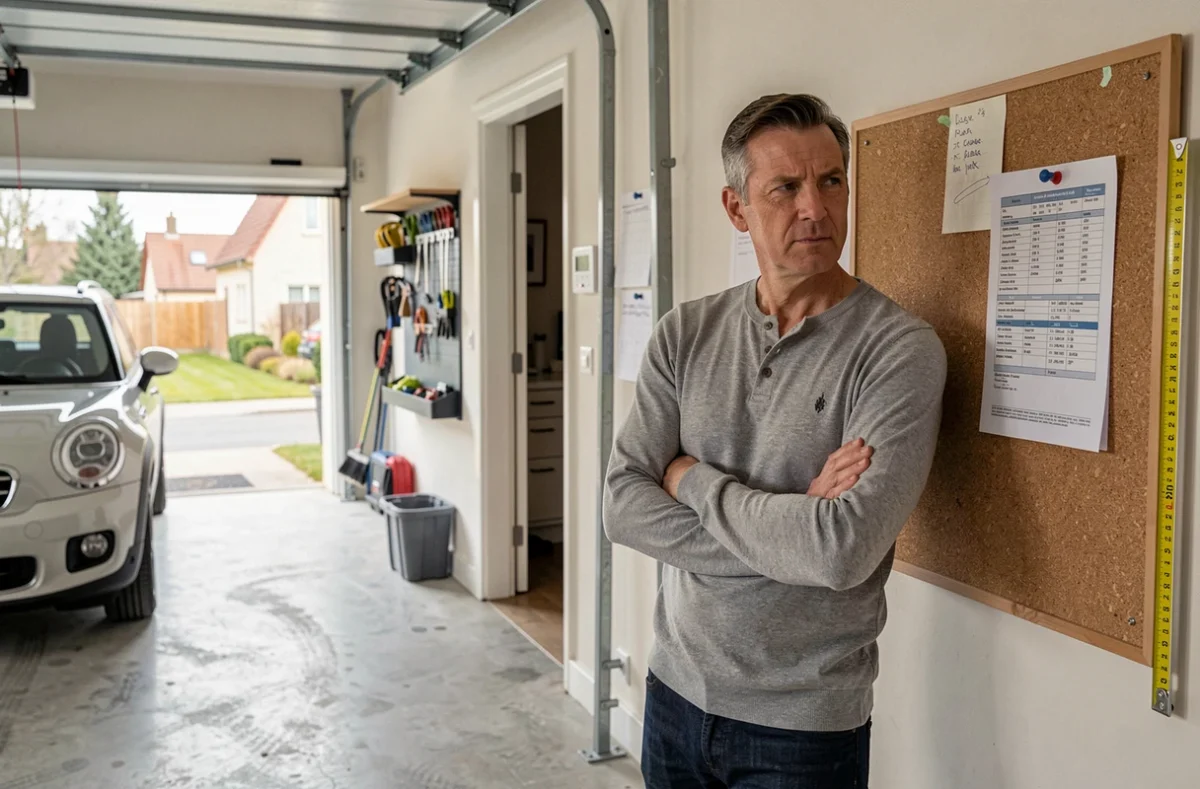 Propriétaire consultant une annonce immobilière dans un garage attenant avec notes manuscrites sur tableau liège