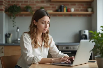 Propriétaire consultant des données de tarification Airbnb sur un ordinateur portable dans un appartement en location courte durée