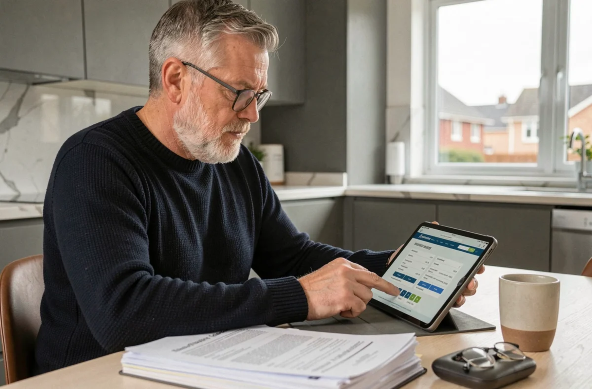 Propriétaire multi-biens consultant un comparateur d'assurance loyer impayé sur tablette avec des dossiers de baux immobiliers