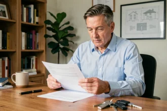 Propriétaire non occupant examinant des documents d'assurance responsabilité civile dans son bureau