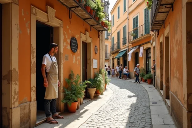 Rue pavée d'un quartier marseillais en pleine renaissance avec artisan local devant son atelier, façades ocre et volets colorés typiques