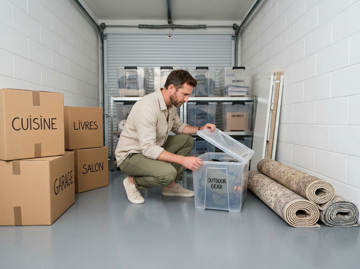Homme inspectant des bacs de rangement transparents bien organisés à l'intérieur d'un box de stockage