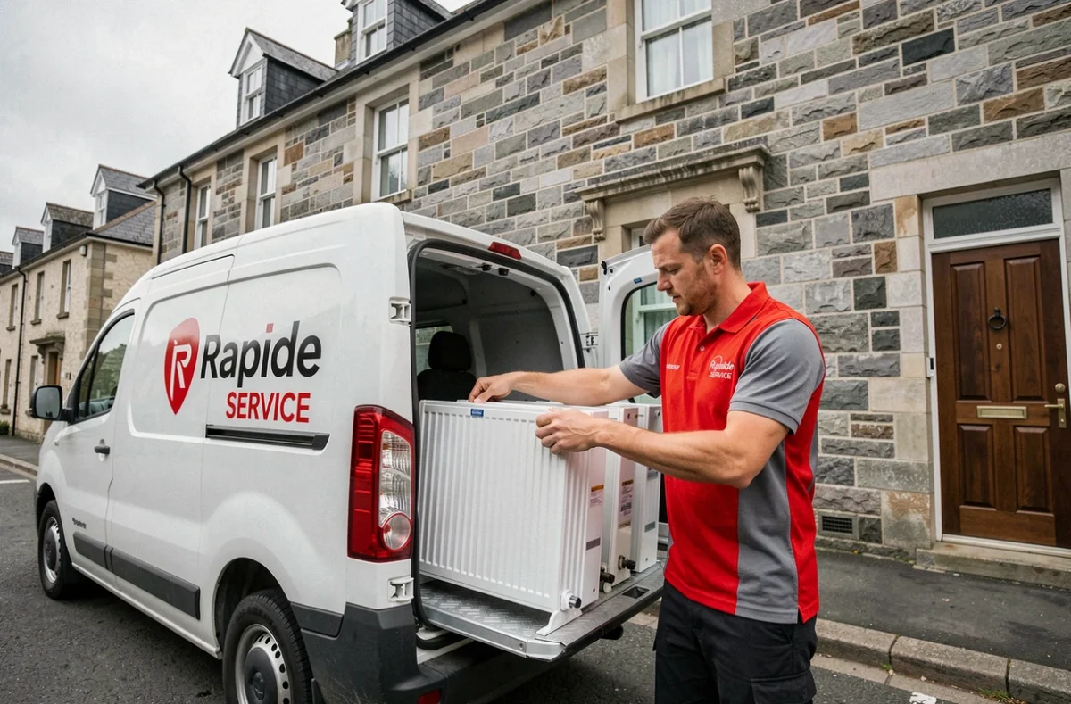 Technicien Rapide Service déchargeant des radiateurs à économie d'énergie pour une intervention rapide